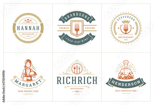 Restaurant logos templates set vector illustration good for menu labels and cafe badges