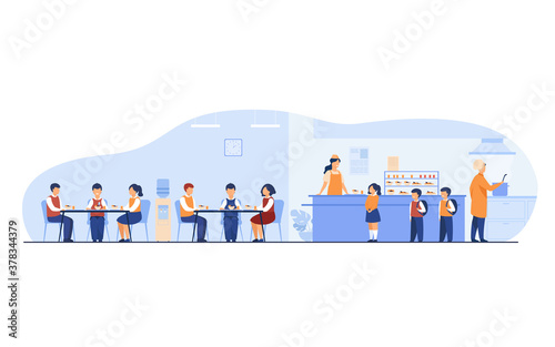 Lunch in school cafeteria concept. Teen boys and girls eating in school canteen or cafe, standing at counter for buying food. For catering, buffet, school break, facilities topics