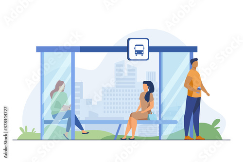 People waiting public transport at bus stop. Bench, reading, cityscape flat vector illustration. Transportation and urban lifestyle concept for banner, website design or landing web page