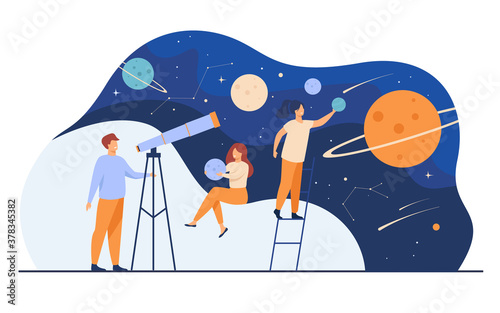 Man studying galaxy through telescope. Women holding planets models, watching meteors and constellation of stars. Flat vector illustration for horoscope, astronomy, discovery, astrology concepts photo