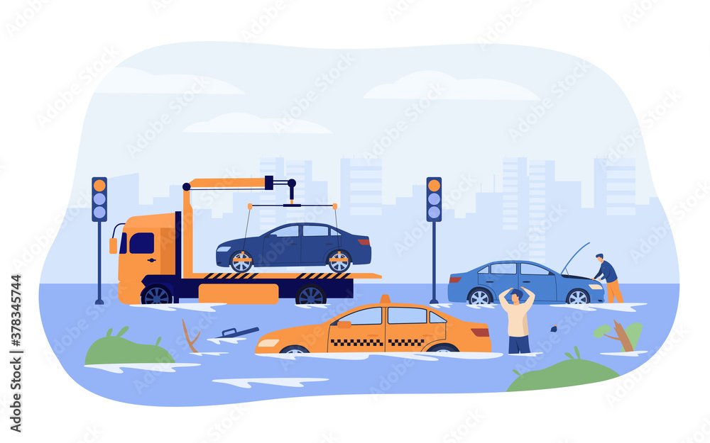 Water flood on city roads. Drivers and tow truck saving damaged cars from heavy  rain and storm. Vector illustration for rainfall season, rain period,  natural disaster concept Stock Vector | Adobe Stock