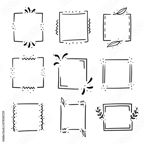 Set of hand drawn square frames - Isolated black frames borders with decorative elements on white background