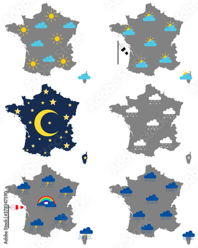 Karten von Frankreich mit verschiedenen Wettersymbolen