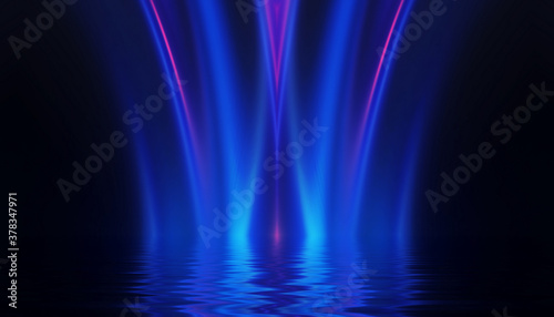 Abstract dark futuristic background. Neon rays of light are reflected from the water. Background of empty stage show, beach party. 3d illustration