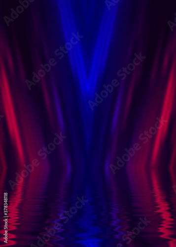 Abstract dark futuristic background. Neon rays of light are reflected from the water. Background of empty stage show, beach party. 3d illustration