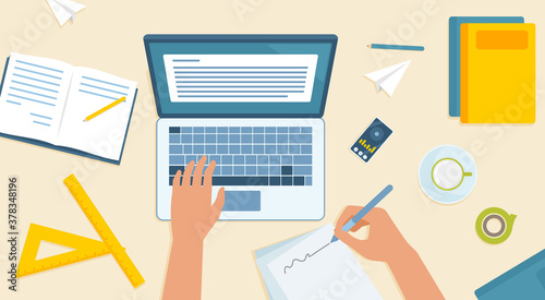 Overhead desk top view, School workplace Vector illustration. Stationery and various education and studying things around. Back to school concept. Wooden background