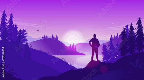Forest trip - Man standing alone with backpack in landscape watching the sun go down. Enjoying life, adventure, visit nature and recreation concept. Vector illustration. © Knut