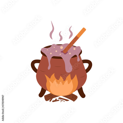 Potion is brewed in a cauldron. Cartoon vector