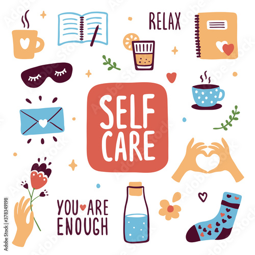 Collection of self care icons. Sleeping mask, diary, letter to yourself, bottle of water, cute socks, cup of coffee or herbal tea. Love and relax, slow life. Female body or mental health illustrations