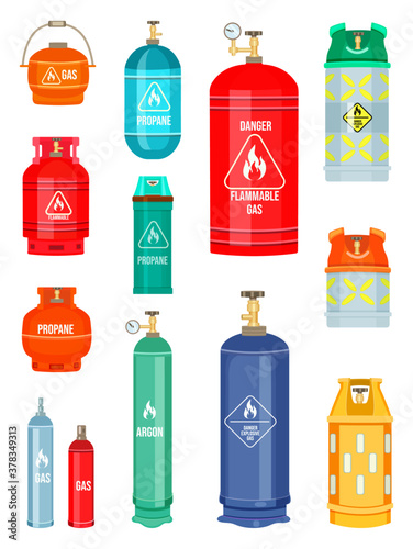 Set of gas cylinder vector tank. Propane bottle icon container. Oxygen gas cylinder canister fuel storage. Balloon with flammable sign. Oil fuel metal safety. Safe butane and propane, oxygen equipment