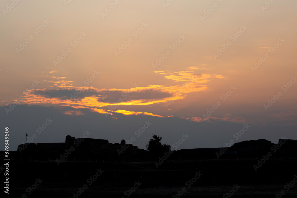 Silhouette of Ancient Bahrain Fort during sunset, Bahrain