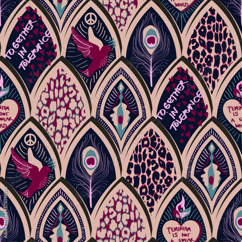 Scales - samless repeat pattern with feministic and peace meaning in blush, wine and navy