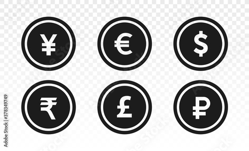 Currency icons. Collection of currency symbols - dollar, euro, pound, rupee, yuan, ruble. Cash icon. Currency exchange symbol. Coins icon. Finance symbol. Currency symbol. Bank payment symbol. 