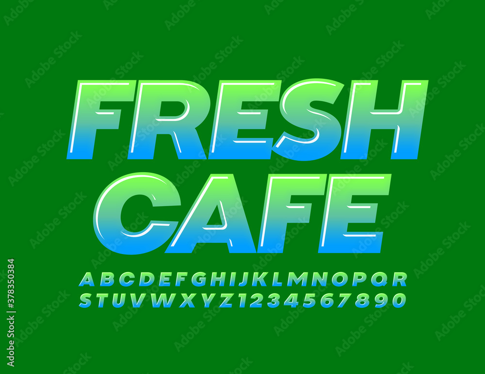 Vector modern logo Fresh Cafe. Blue and Green glossy Font. Creative Alphabet Letters and Numbers set Vector modern logo Fresh Cafe. Blue and Green glossy Font. Creative Alphabet Letters and Numbers set
