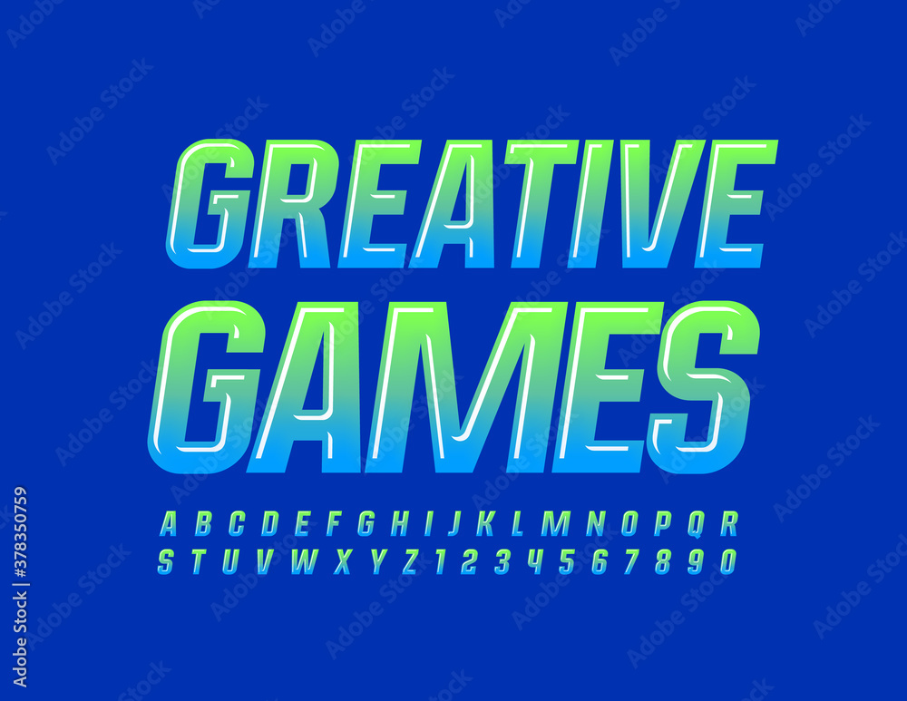 Vector gradient color logo Creative Games. Bright Glossy Font. Trendy Alphabet Letters and Numbers set