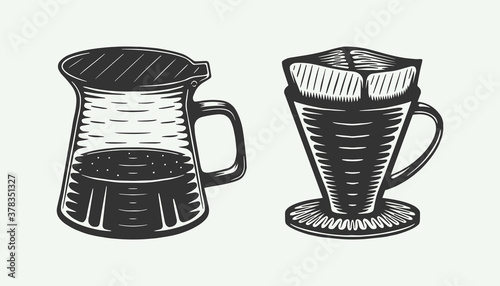 Vintage coffee set of pot and v60 filter. Can be used like emblem, logo, badge, label or mark. Also can be used like poster or print. Monochrome Graphic Art. Vector Illustration..