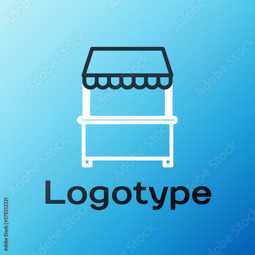 Line Street stall with awning and wooden rack icon isolated on blue background. Kiosk with wooden rack. Colorful outline concept. Vector Illustration.