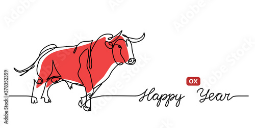 Happy ox Year simple vector banner, background. Chinese new year 2021 concept with red cow, bull. One continuous line drawing with text Happy ox Year. photo