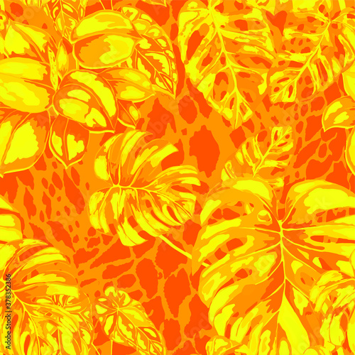 Tropical seamless pattern on animalistic texture. Jungle exotic summer print. Summer tropical leaf. Tropical flower fashion pattern. Floral tropic illustration. Vector seamless pattern.