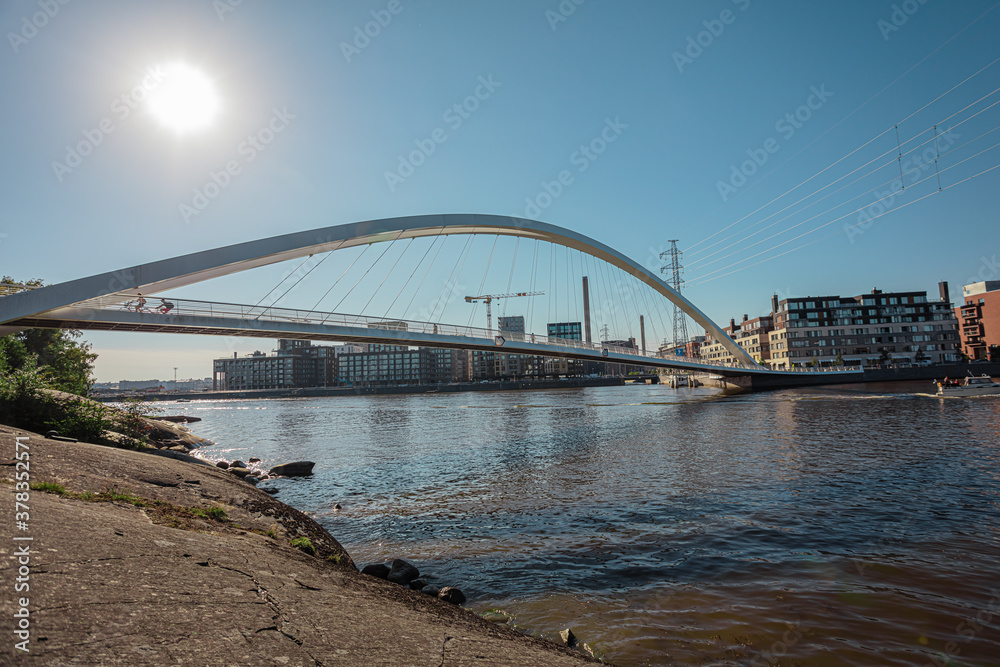 Naklejka premium Korkeasaari, Helsinki, Finland, August 21, 2020 view from the shore, on the island in the Zoo, Summer sunny day