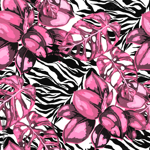 Tropical seamless pattern on animalistic texture. Jungle exotic summer print. Summer tropical leaf. Tropical flower fashion pattern. Floral tropic illustration. Vector seamless pattern.