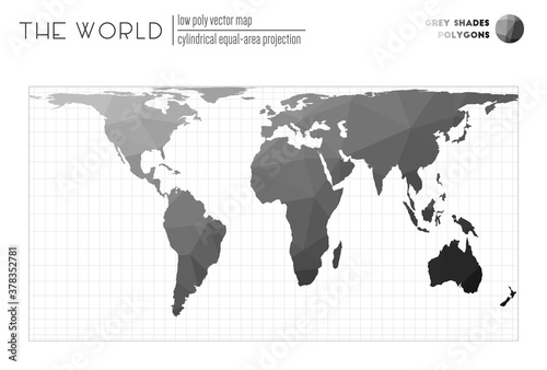 Abstract geometric world map. Cylindrical equal-area projection of the world. Grey Shades colored polygons. Awesome vector illustration.