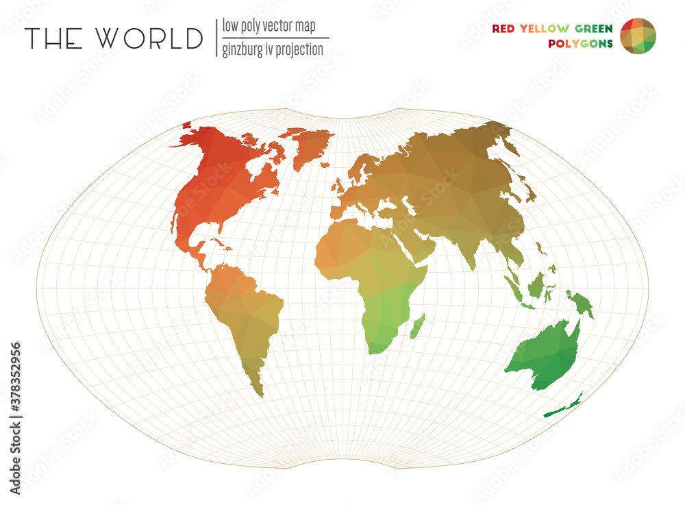 Triangular mesh of the world. Ginzburg IV projection of the world. Red, Yellow, and Green colored polygons. Awesome vector illustration. Triangular mesh of the world. Ginzburg IV projection of the world. Red, Yellow, and Green colored polygons. Awesome vector illustration.