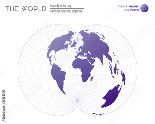 Vector map of the world. American polyconic projection of the world. Purple Shades colored polygons. Trending vector illustration.