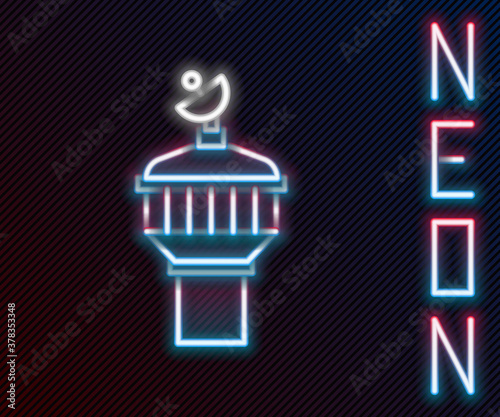 Glowing neon line Radar icon isolated on black background. Search system. Satellite sign. Colorful outline concept. Vector Illustration.