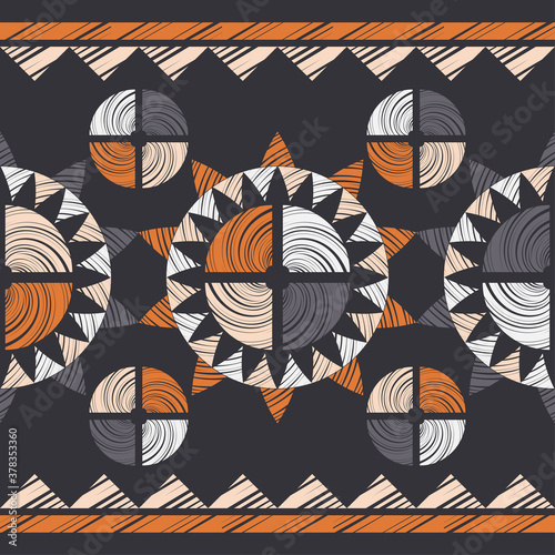 Mosaic with geometric shapes. Seamless pattern. Design with manual hatching. Textile. Ethnic boho ornament. Vector illustration for web design or print.