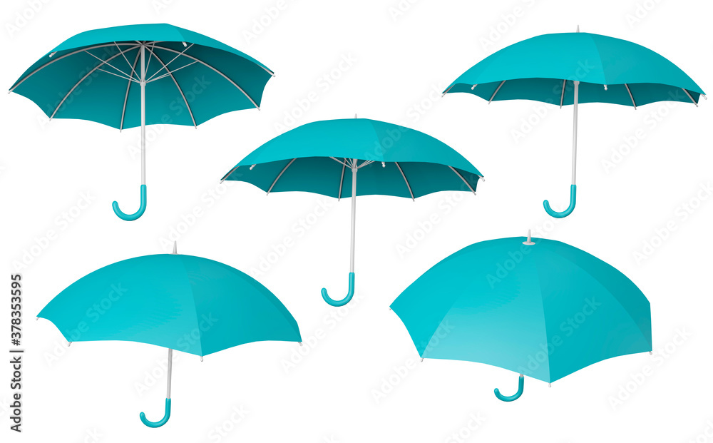 Set of open umbrella of green color isolated on white background. 3d render