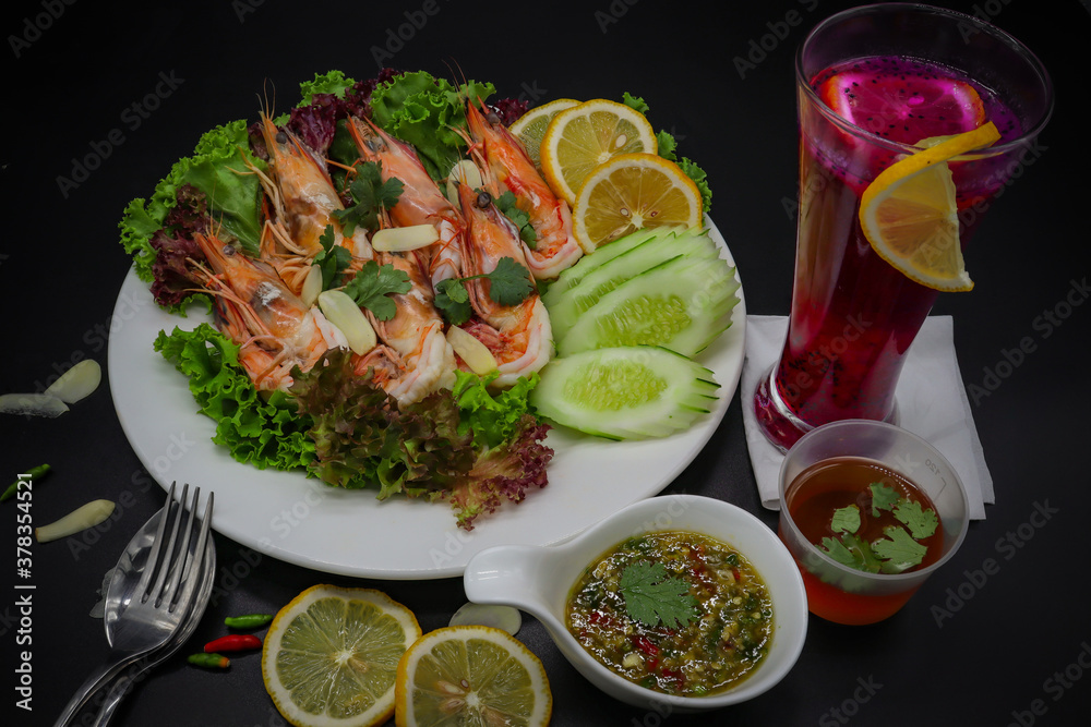 Boiled shrimp in a salad plate