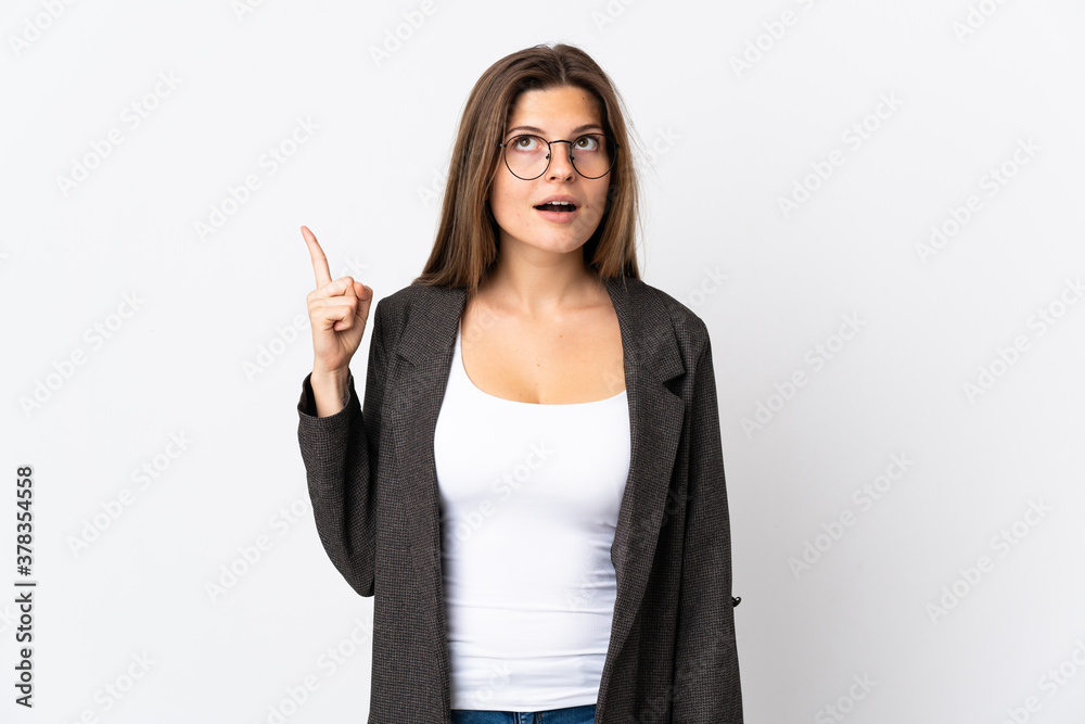 Business slovak woman isolated on white background thinking an idea pointing the finger up Business slovak woman isolated on white background thinking an idea pointing the finger up