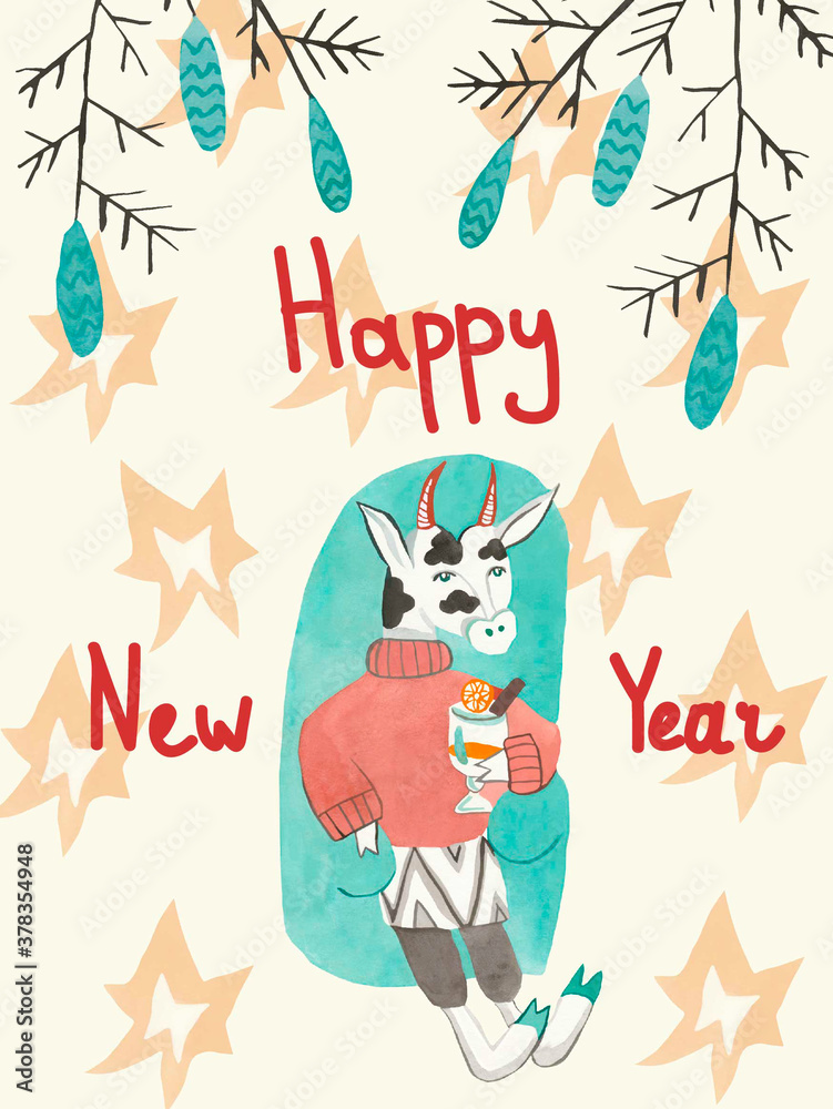 Card with watercolor New Year bulls with spruce branches and cones.Christmas cows in blue, orange, brown colors, festive cute bulls with drink on a cream background. 2021 hand drawn sign of the year. Card with watercolor New Year bulls with spruce branches and cones.Christmas cows in blue, orange, brown colors, festive cute bulls with drink on a cream background. 2021 hand drawn sign of the year.