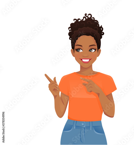 Young african cheerful woman in casual style clothes pointing away isolated vector illustration