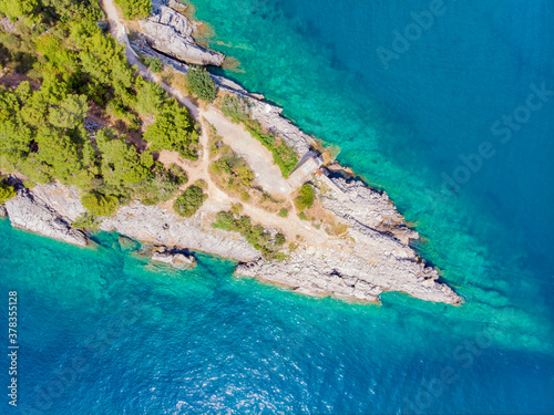 Aerial view of the rocky shore of the Adriatic Sea. Budva, Montenegro