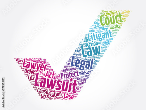 Lawsuit check mark word cloud collage, law concept background