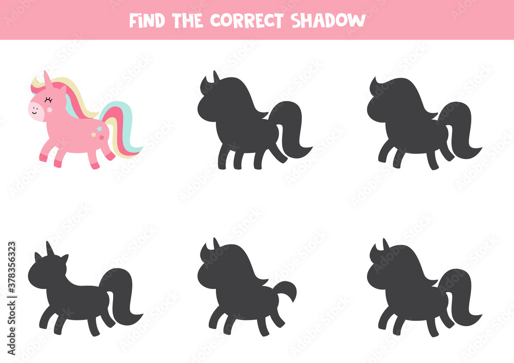 Find right shadow of cute cartoon unicorn.