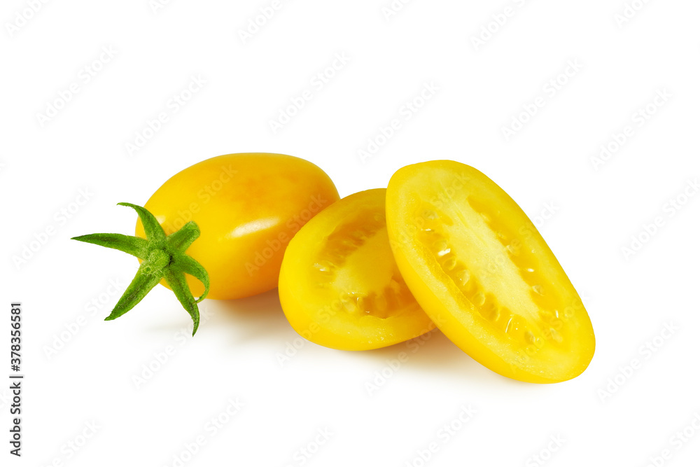 Oval yellow tomato and juicy halves isolated on white background	  