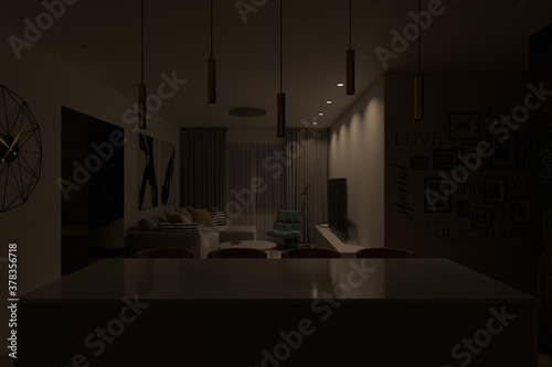 3d render of an interior living room with light under tv zone. Interior design of the apartment with a modern style. Camera angle on the cooking island and the living room area. Interior design trend