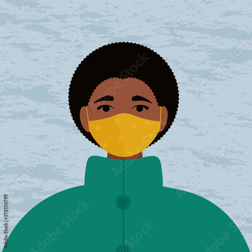 African Woman in protective mask and warm coat. New winter fashion. Vector illustration in cartoon flat style
