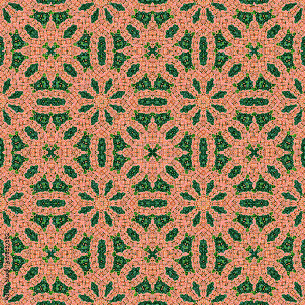 Kaleidoscopic seamless pattern with abstract emerald pink floral ornament. Mosaic texture for textiles, fabric, tapestry, jacquard.