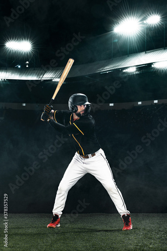 Porfessional baseball player with bat on grand arena. Ballplayer on stadium.
