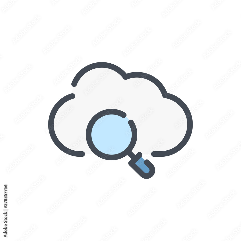Cloud service research color line icon. Search magnifier with cloud vector outline colorful sign. Cloud service research color line icon. Search magnifier with cloud vector outline colorful sign.