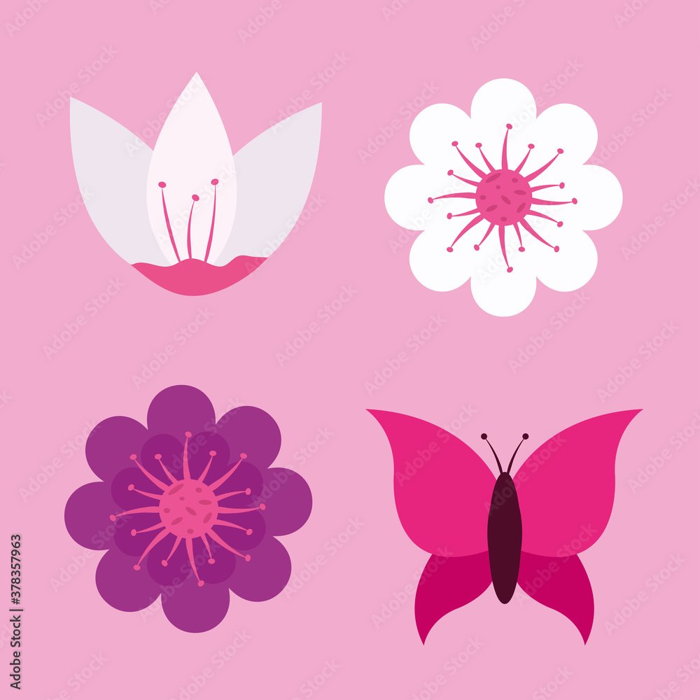 flowers set and butterfly design, natural floral nature plant ornament garden decoration and botany theme Vector illustration