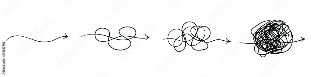 Set of messy clew symbols with scribbled round element, consept of transition from complicated to simple, isolated on white background Vector illustration. Set of messy clew symbols with scribbled round element, consept of transition from complicated to simple, isolated on white background Vector illustration.