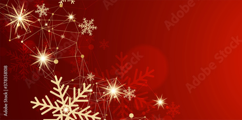 Abstract christmas card with golden snowflakes and plexus effect.