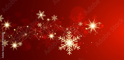 Abstract christmas card with golden snowflakes and plexus effect.