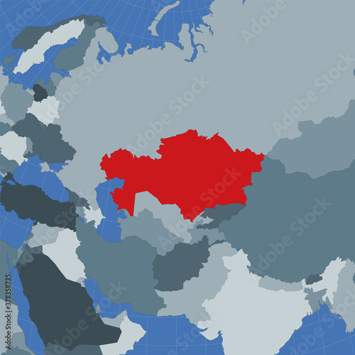 Shape of the Kazakhstan in context of neighbour countries. Country highlighted with red color on world map. Kazakhstan map template. Vector illustration.