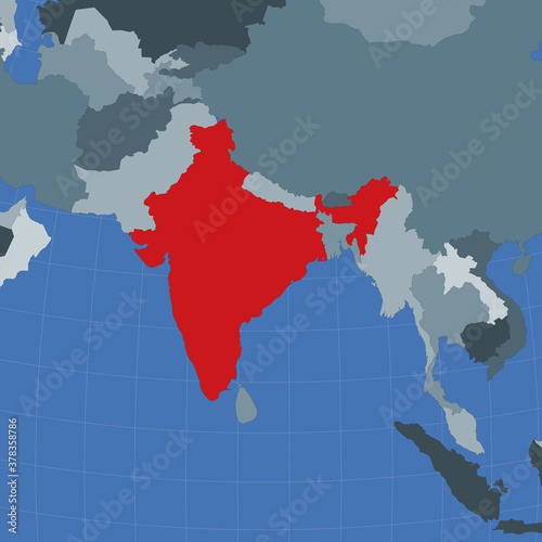Shape of India in context of neighbor countries. Country highlighted with red color on world map. India map template. Vector illustration.